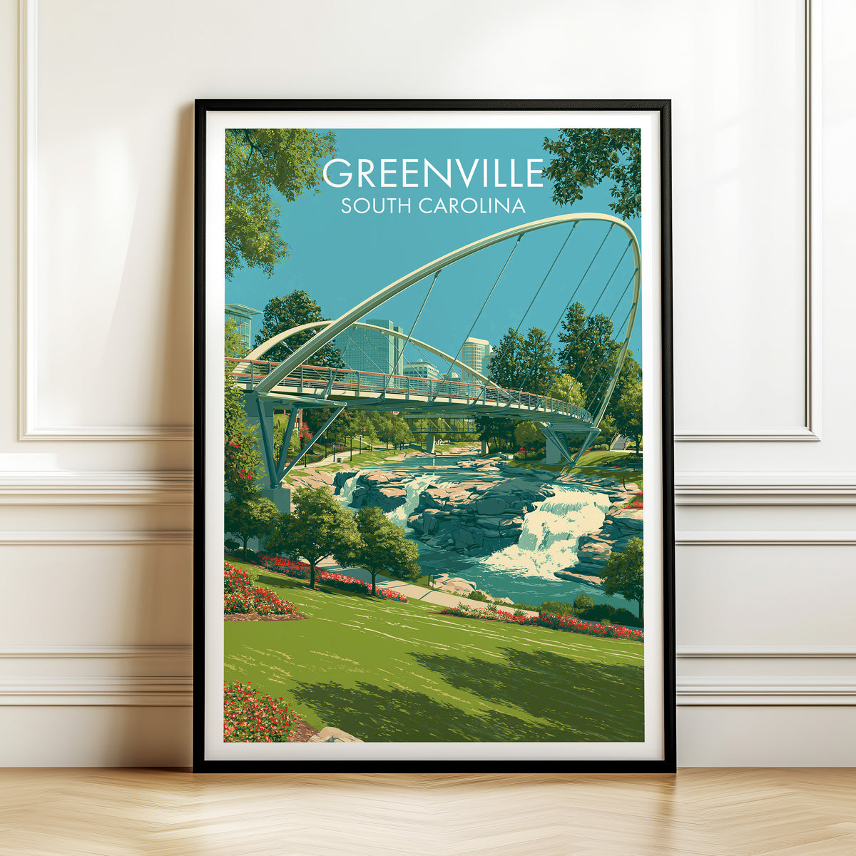Greenville print in a black frame leaning against a panelled white wall above a herringbone floor