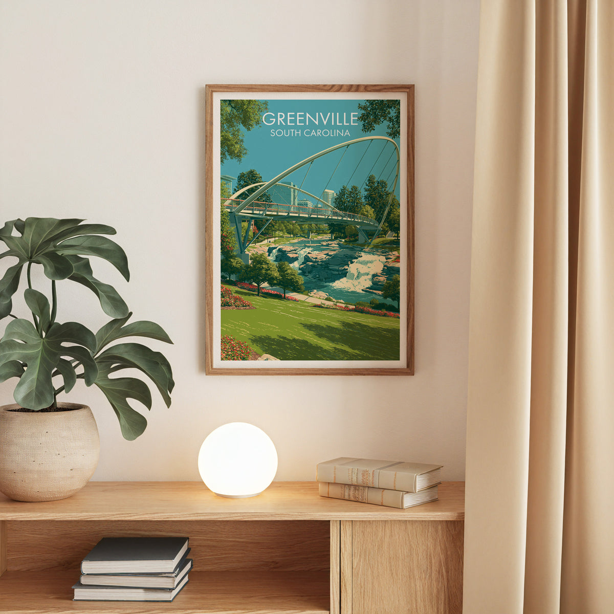 South Carolina park poster in an oak frame above a console with a monstera and a globe lamp
