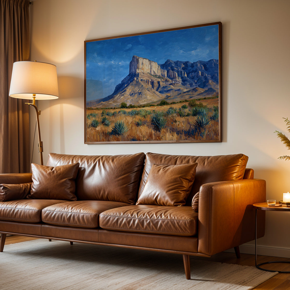 Guadalupe Mountains print in an oak frame above a credenza on a warm taupe wall