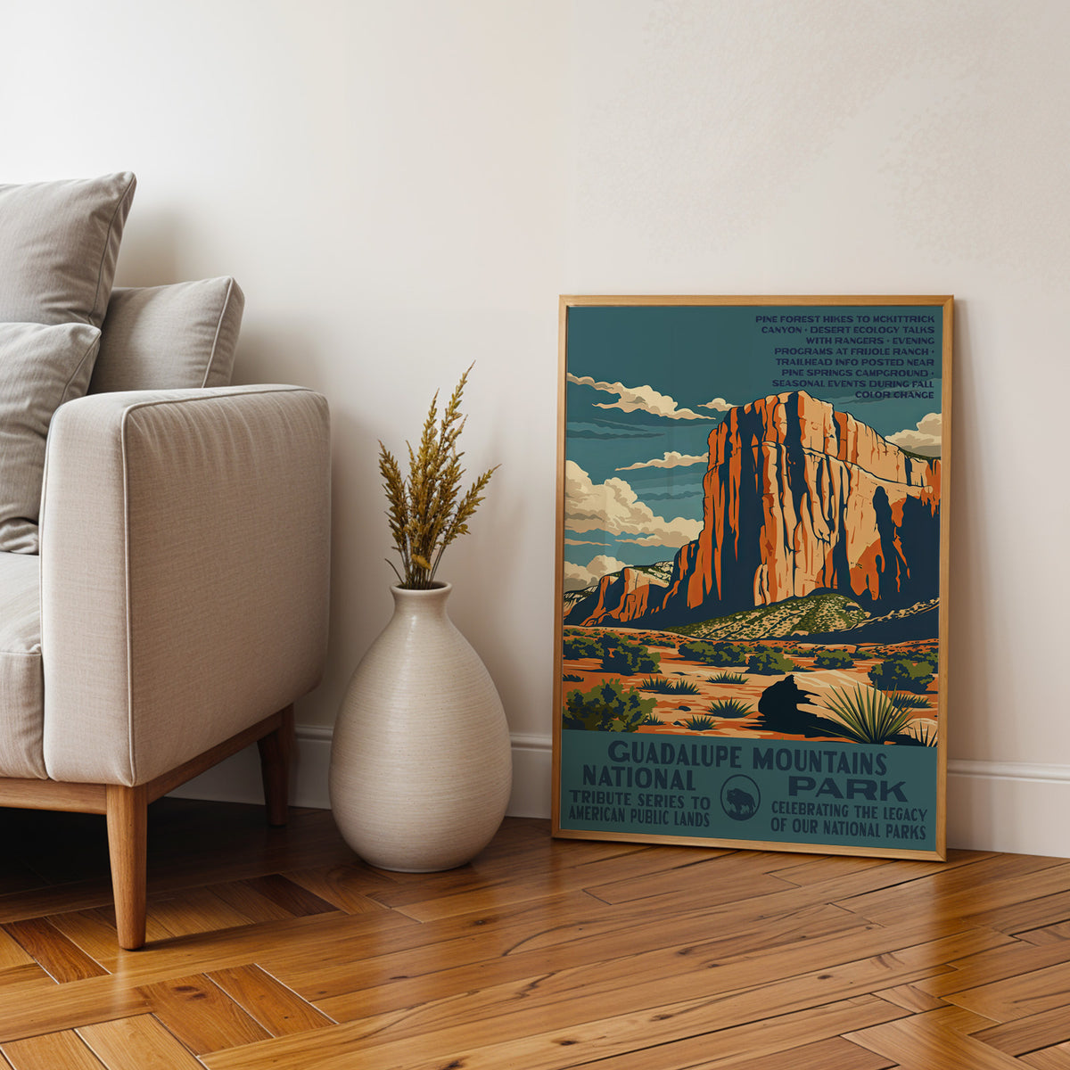 Guadalupe Mountains National Park framed print on parquet beside an armchair and a tall stone vase