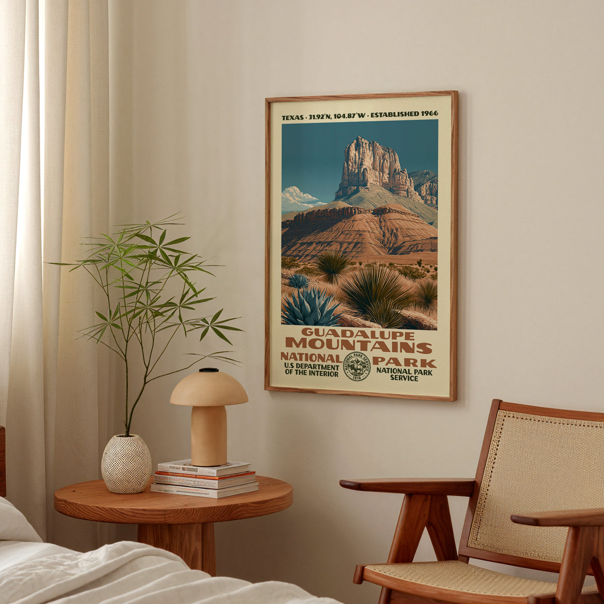 Guadalupe Mountains National Park vintage WPA print hanging above a side table in a calm bedroom corner