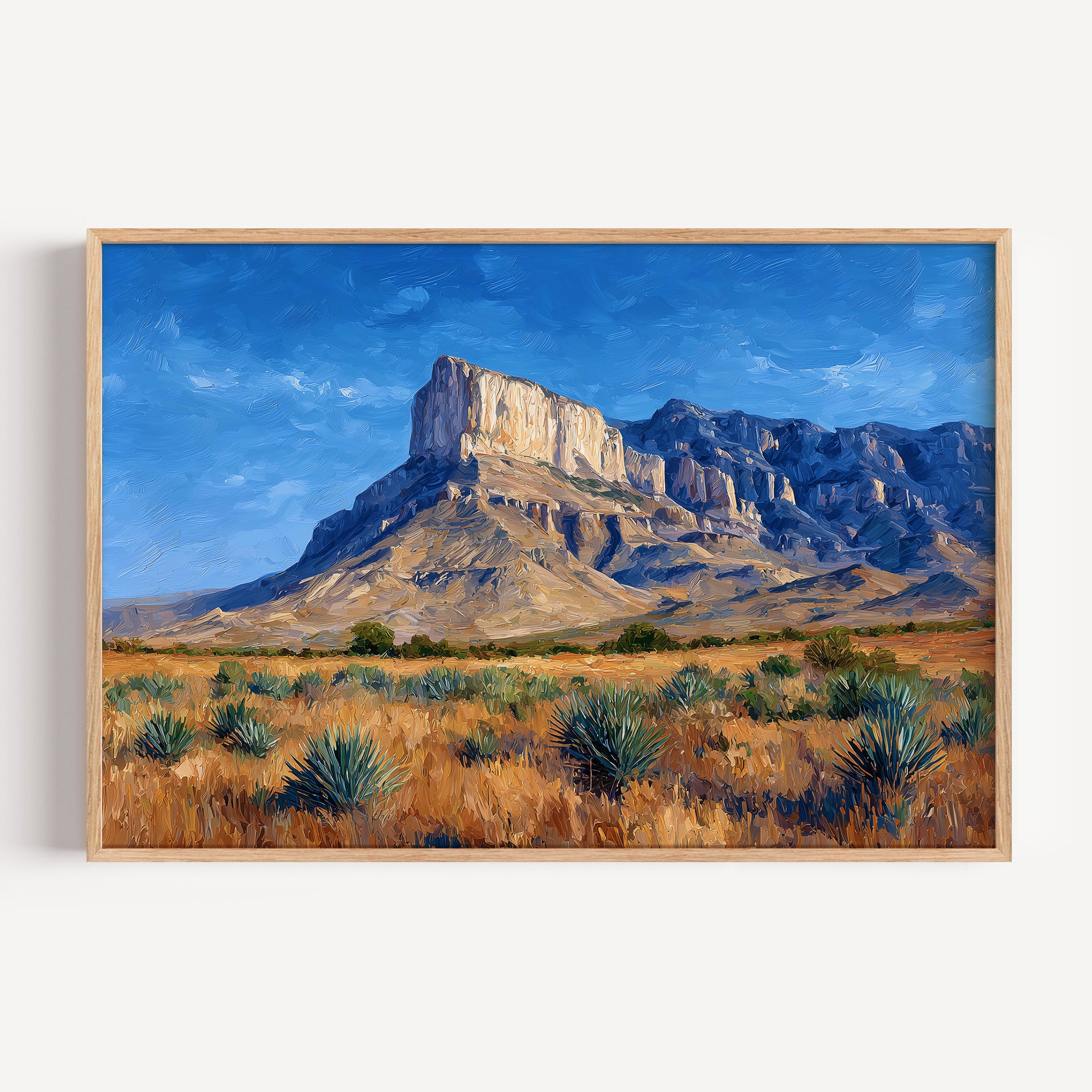 Guadalupe Mountains oil painting print in an oak frame: El Capitan cliff above desert grassland