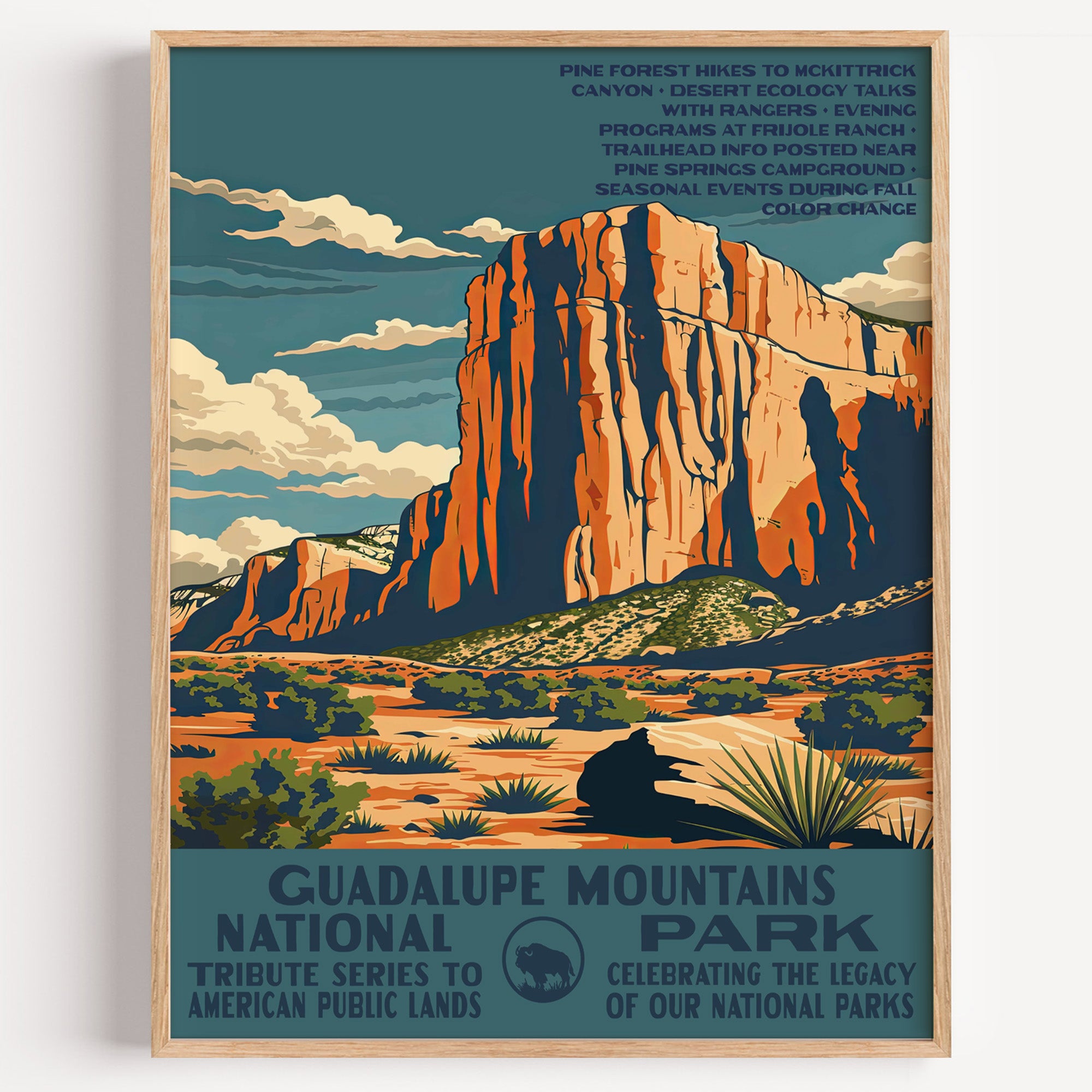 Guadalupe Mountains National Park wall art print in a thin wood frame, the limestone prow of El Capitan rising