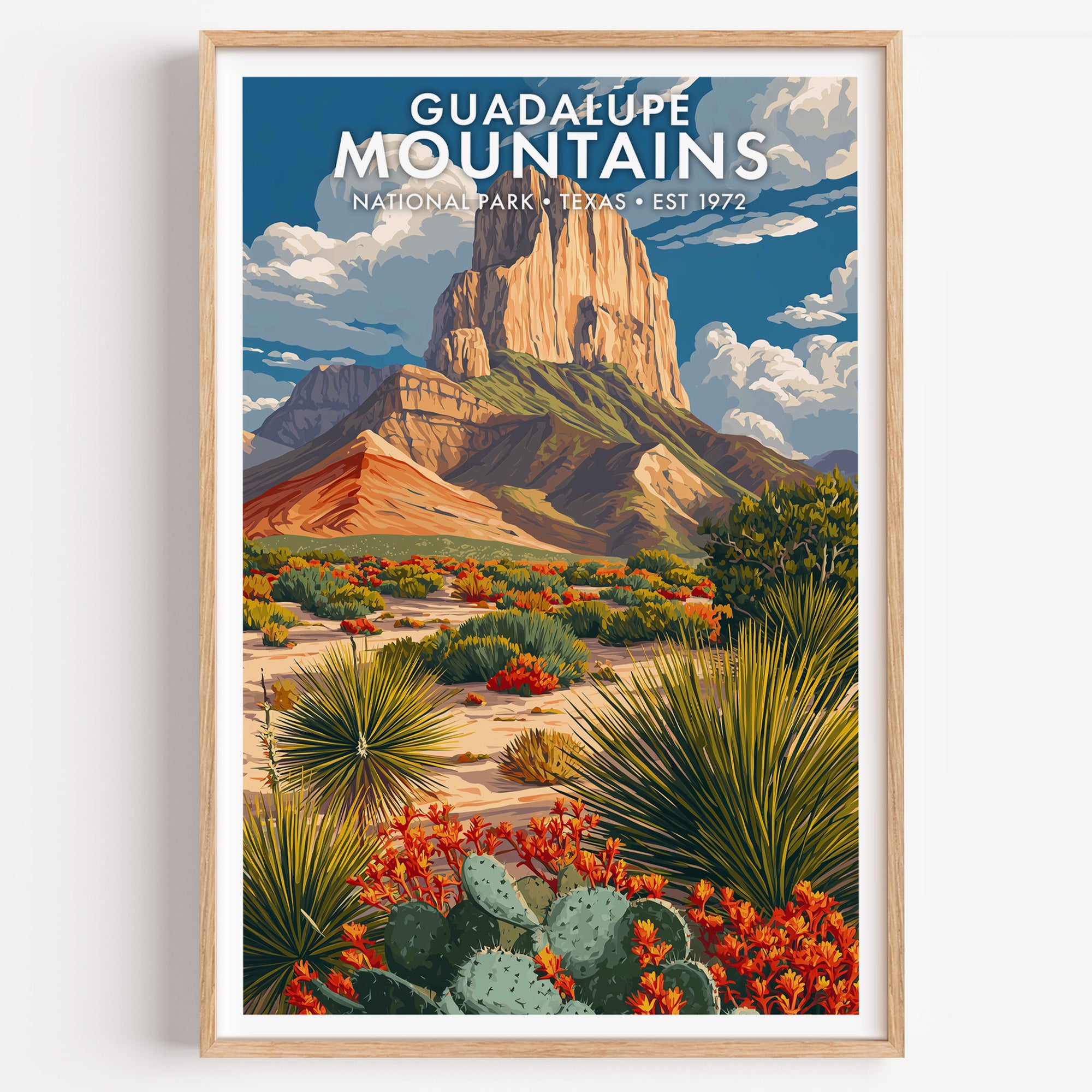 Guadalupe Mountains National Park mid-century modern art print — the sheer limestone prow of El Capitan over the desert floor