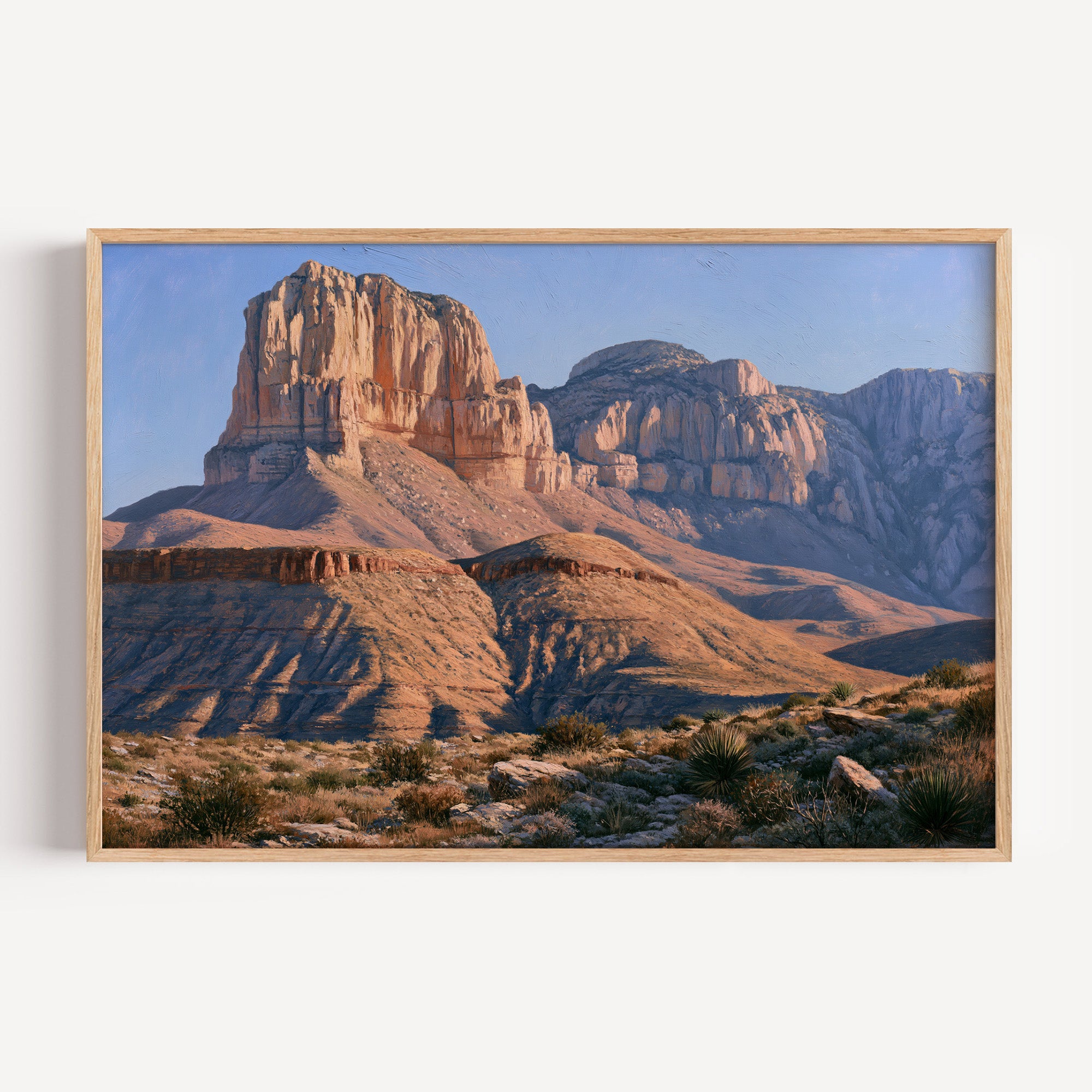 Guadalupe Mountains classical oil painting print in an oak frame: El Capitan above open desert