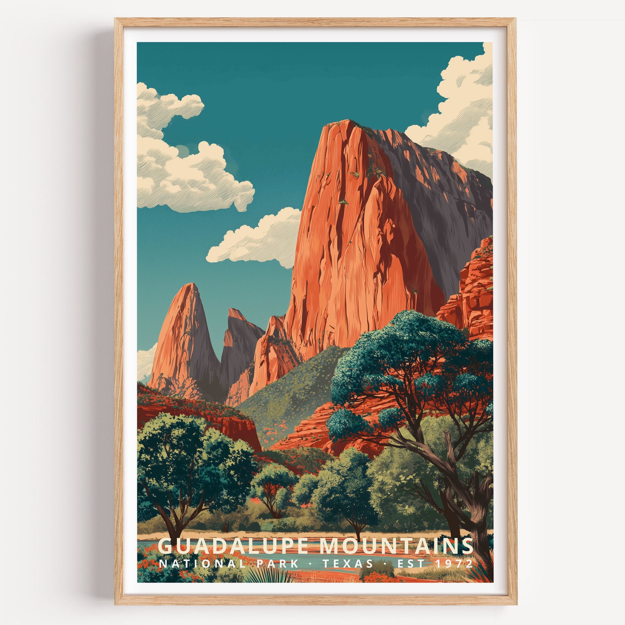 Guadalupe Mountains National Park retro travel poster — El Capitan's limestone cliffs rising over Chihuahuan Desert scrub, Texas