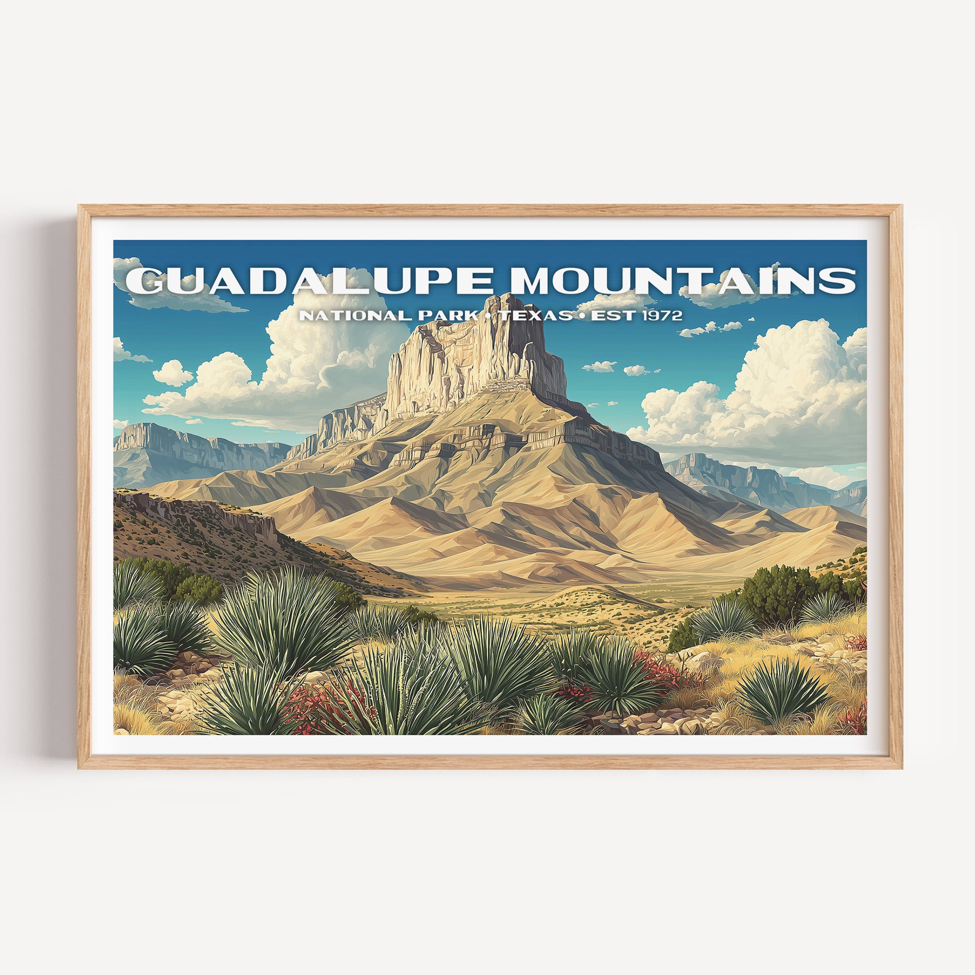 The limestone prow of El Capitan above desert agave and blooming ocotillo — Guadalupe Mountains National Park vintage WPA travel poster print