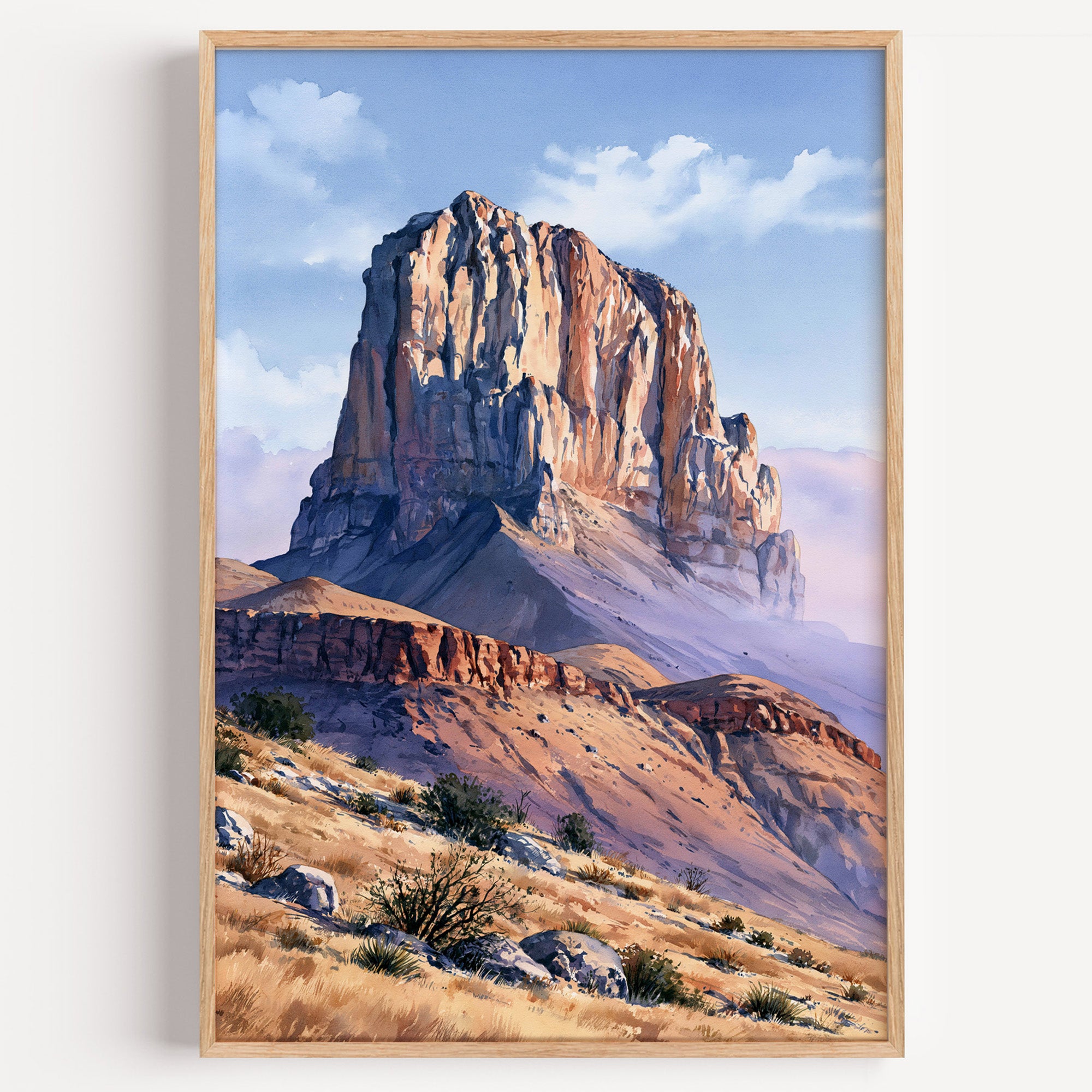 Guadalupe Mountains National Park watercolor art print: El Capitan's sunlit limestone prow above desert grassland