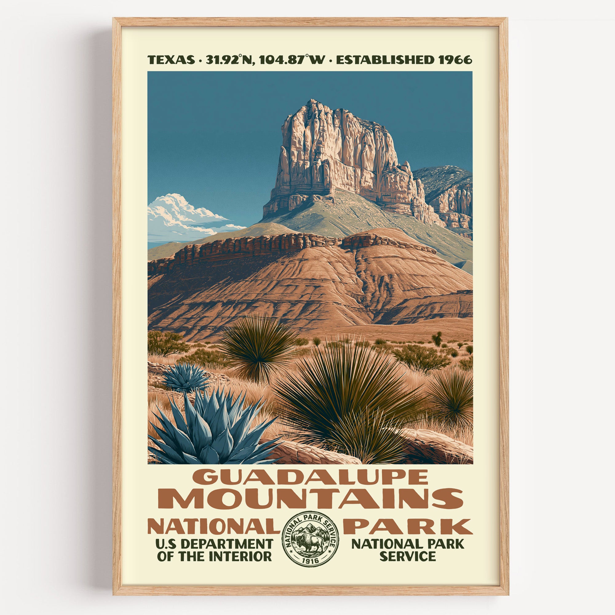 Guadalupe Mountains National Park vintage WPA poster in a wood frame, El Capitan's limestone prow above the Chihuahuan Desert