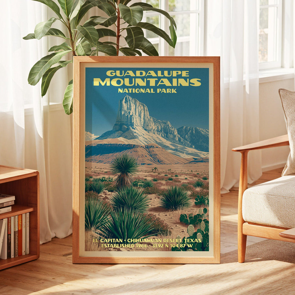 Guadalupe Mountains poster in oak, leaning by a sunlit window with sheer curtains and a low bookshelf