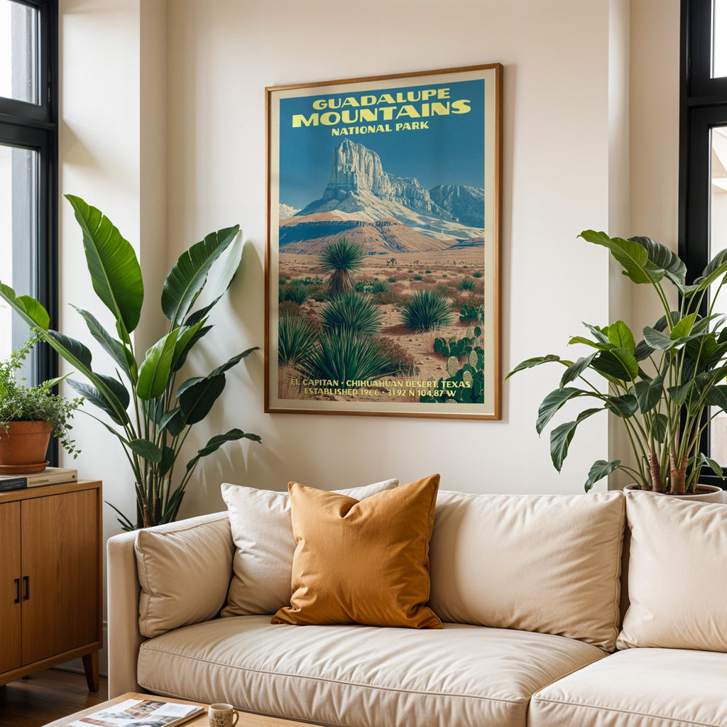 Guadalupe Mountains vintage travel print in oak above a cream sofa with a rust cushion and tall tropical plants