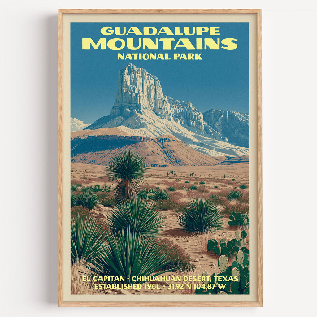 El Capitan Guadalupe Mountains National Park vintage poster in a light oak frame on a plain white wall