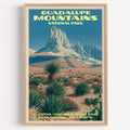 El Capitan Guadalupe Mountains National Park vintage poster in a light oak frame on a plain white wall