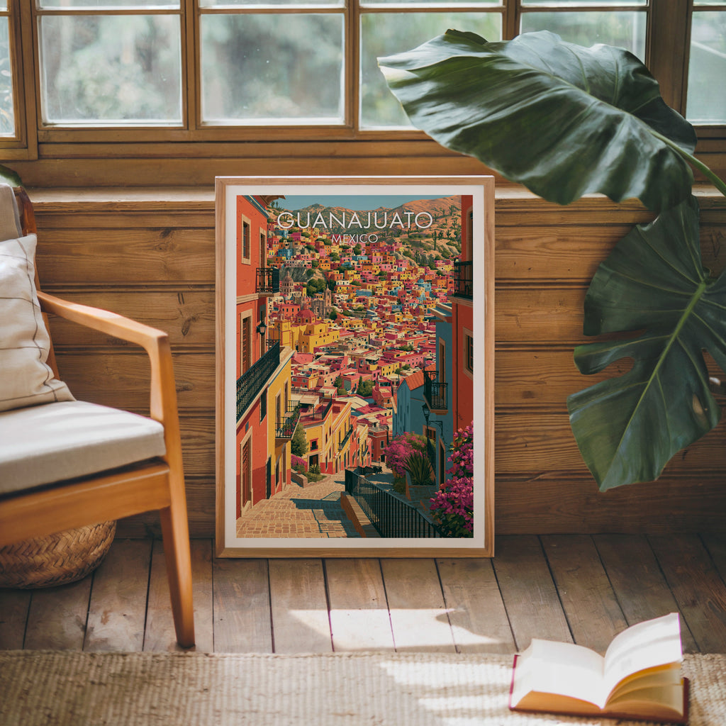 Bougainvillea and iron balconies, oak frame on a pine cabin wall beside a wooden armchair and monstera leaf