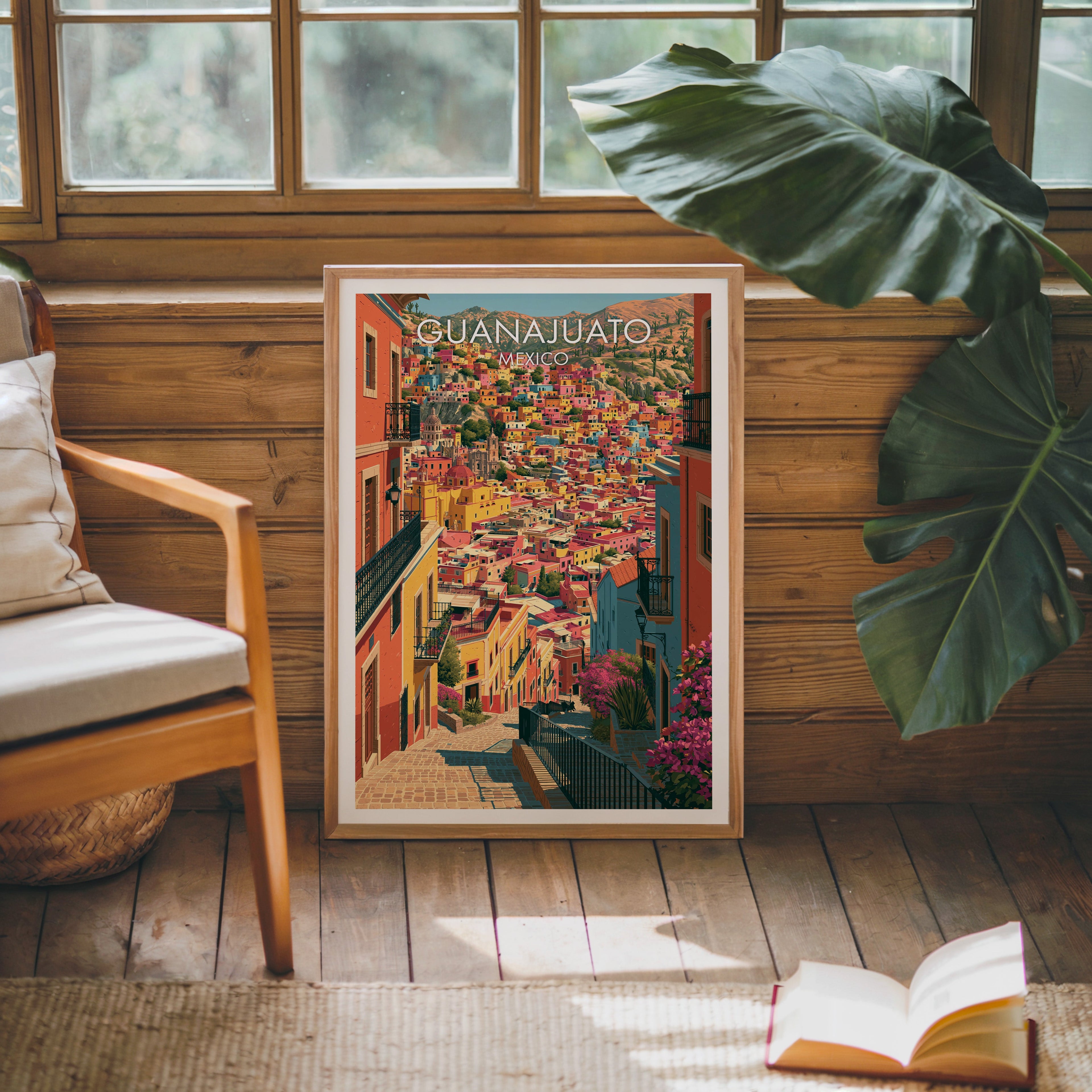 Bougainvillea and iron balconies, oak frame on a pine cabin wall beside a wooden armchair and monstera leaf