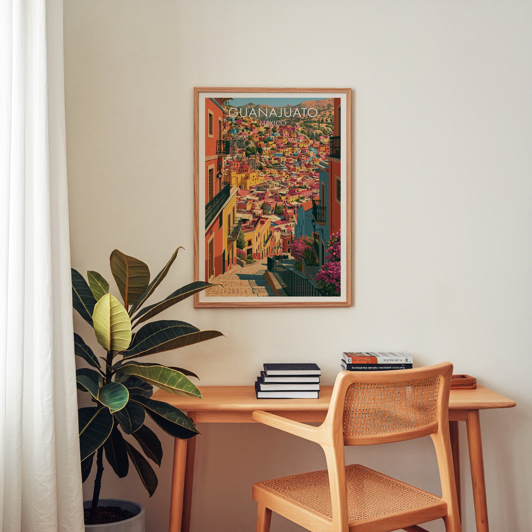 Church domes above stacked houses, oak frame over a home-office desk with a cane chair and rubber plant