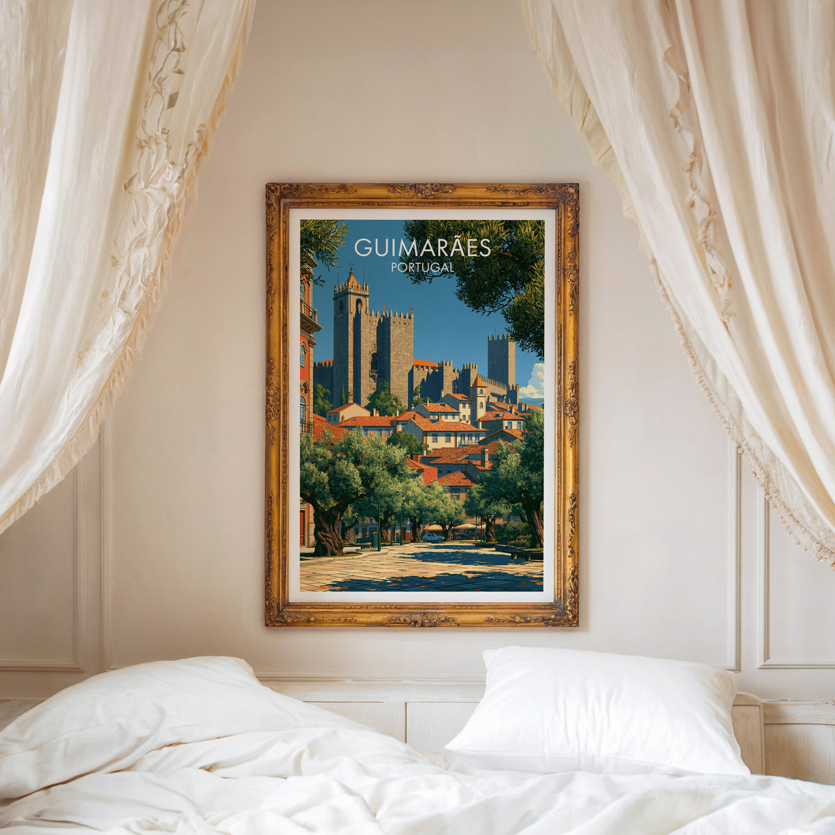 Guimaraes travel poster, ornate gold frame above a white bed with linen canopy curtains