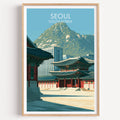 Gyeongbokgung Palace Seoul travel poster in a natural wood frame, shown against a clean white wall