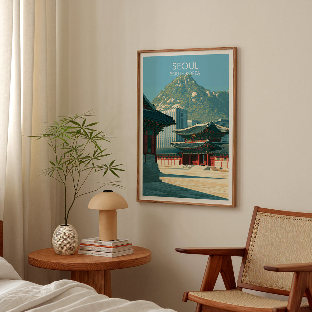 Gyeongbokgung Palace Seoul poster above a bedroom nightstand with a bamboo plant and mushroom lamp