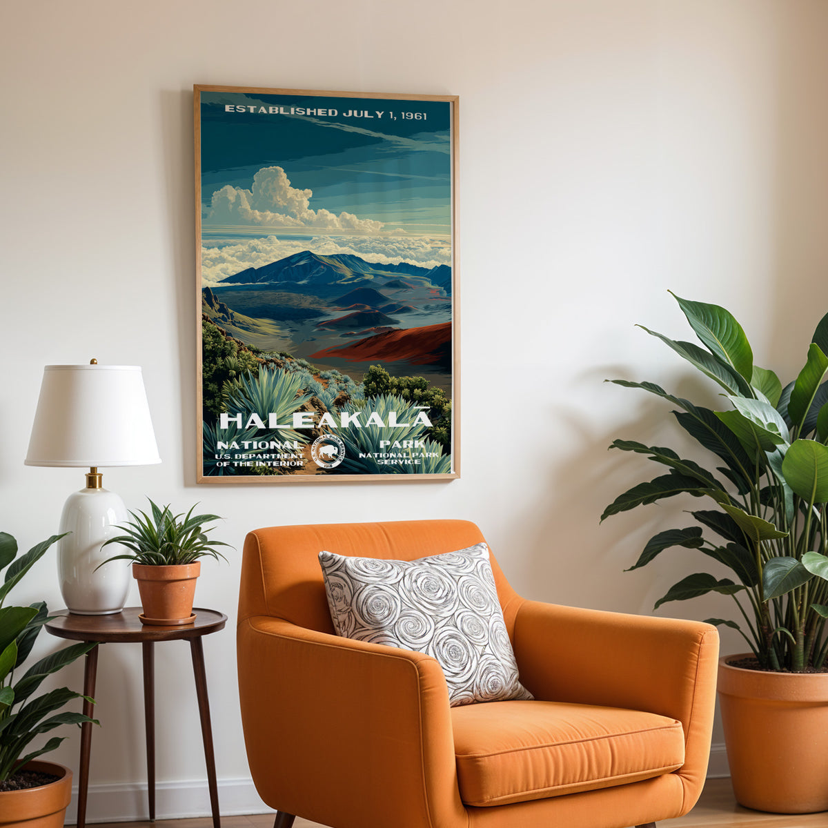 Haleakalā National Park vintage print hung above a burnt-orange armchair and side table