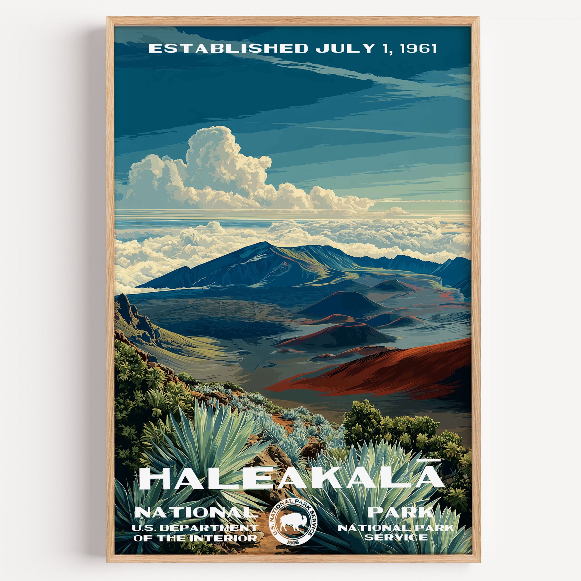 Haleakalā National Park vintage travel poster in a wood frame, the crater rim and a cloud-filled valley seen from the summit
