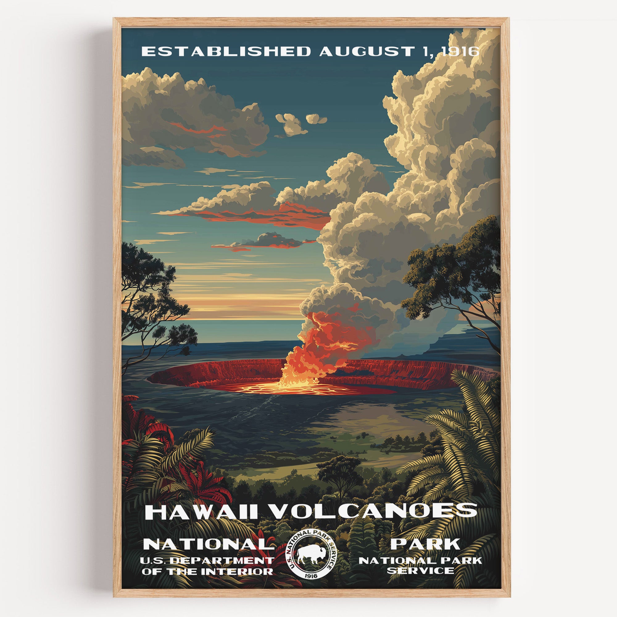 Hawaii Volcanoes National Park vintage travel poster in a wood frame, a lava fountain glowing beneath a burning sunset sky