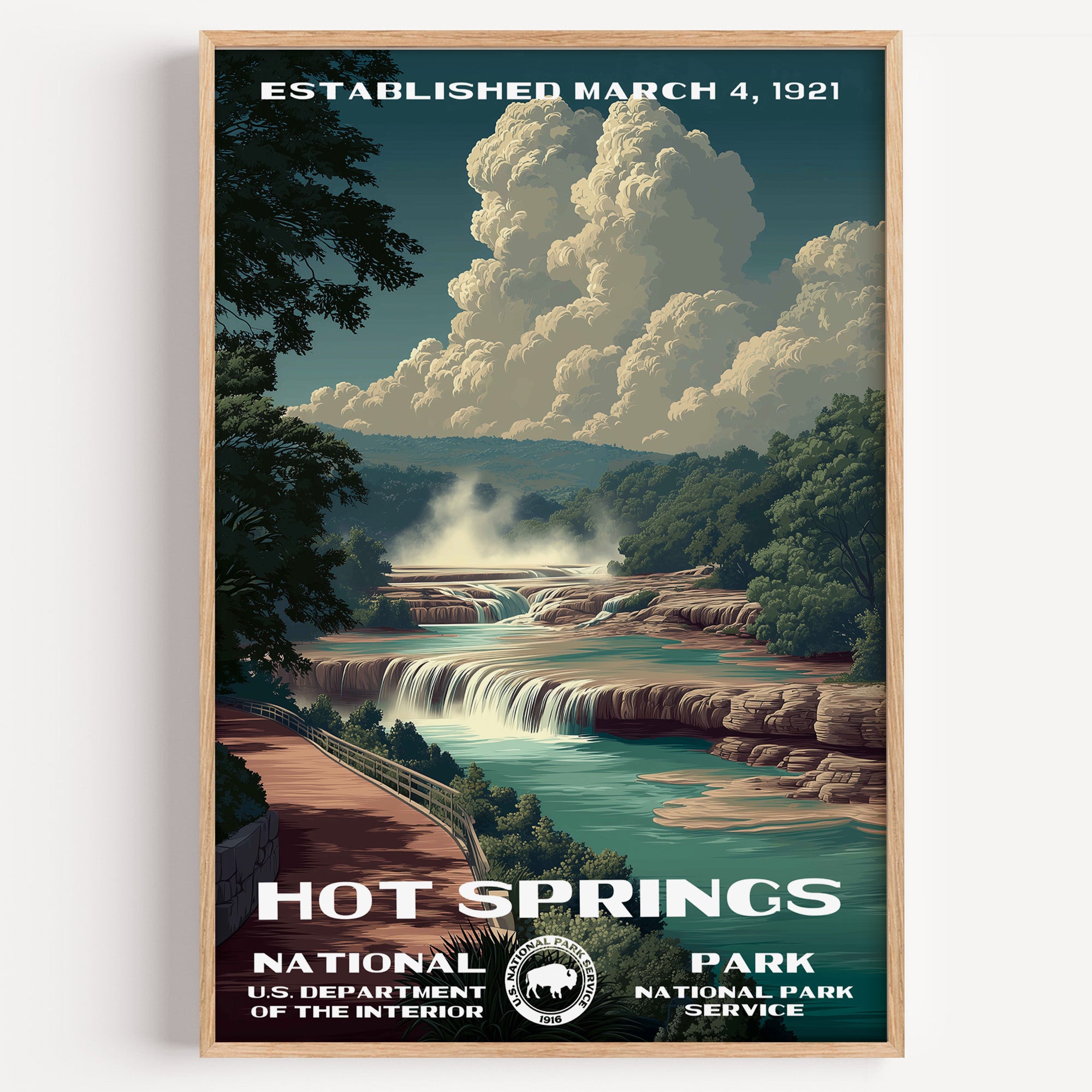 Hot Springs National Park vintage travel poster in a wood frame, steaming thermal terraces flowing down through green hills