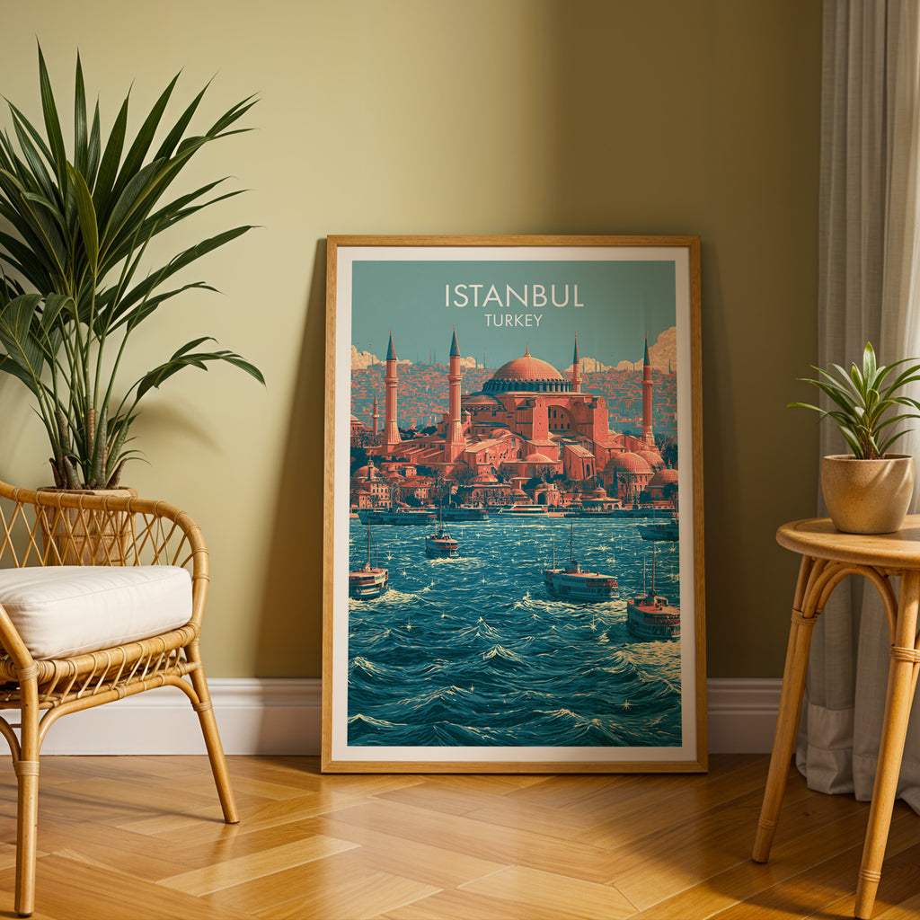 Large Hagia Sophia Istanbul Turkey travel print in an oak frame leaning on a herringbone floor next to a rattan chair