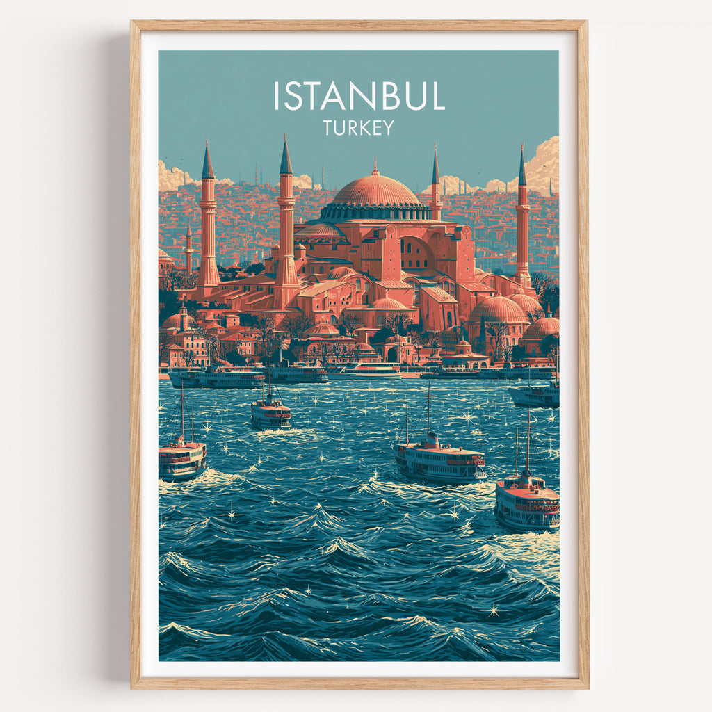 Hagia Sophia Istanbul Turkey travel poster in a natural wood frame, shown against a clean white wall