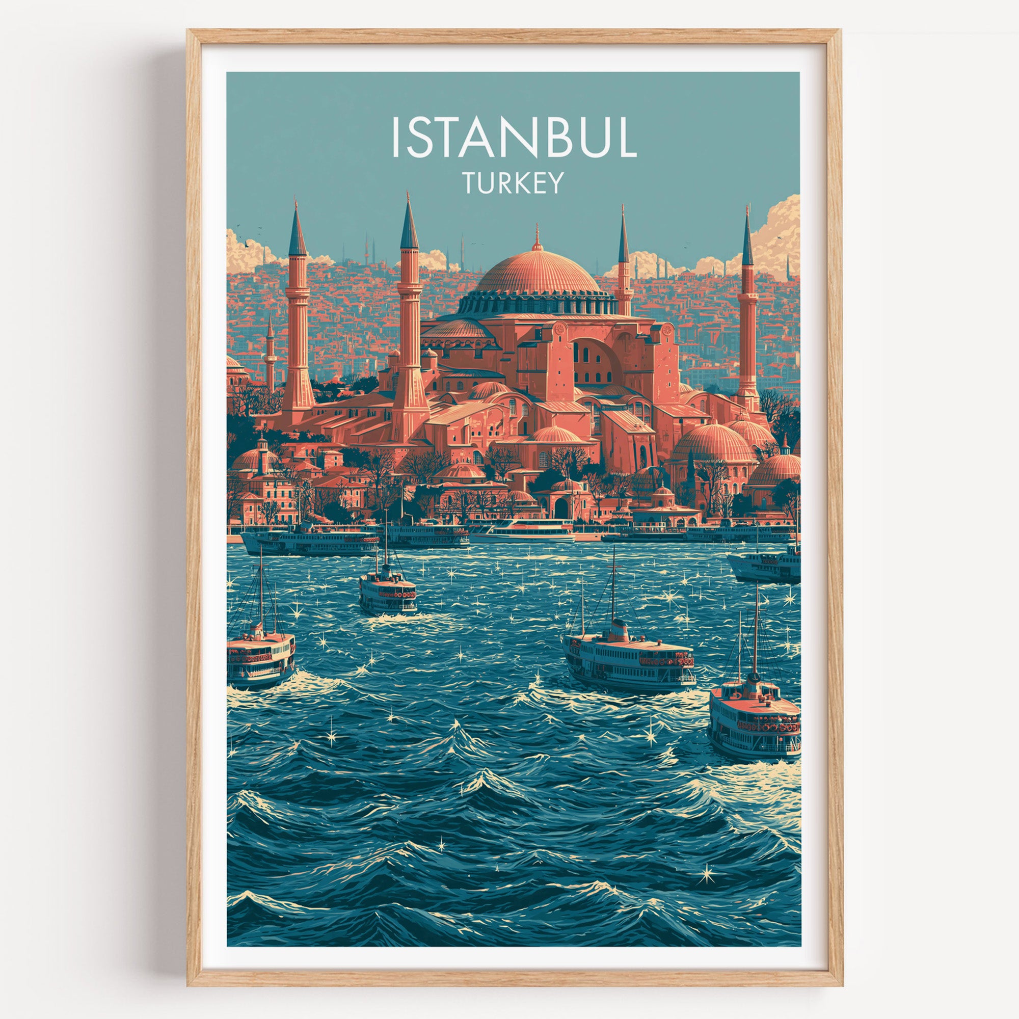Hagia Sophia Istanbul Turkey travel poster in a natural wood frame, shown against a clean white wall