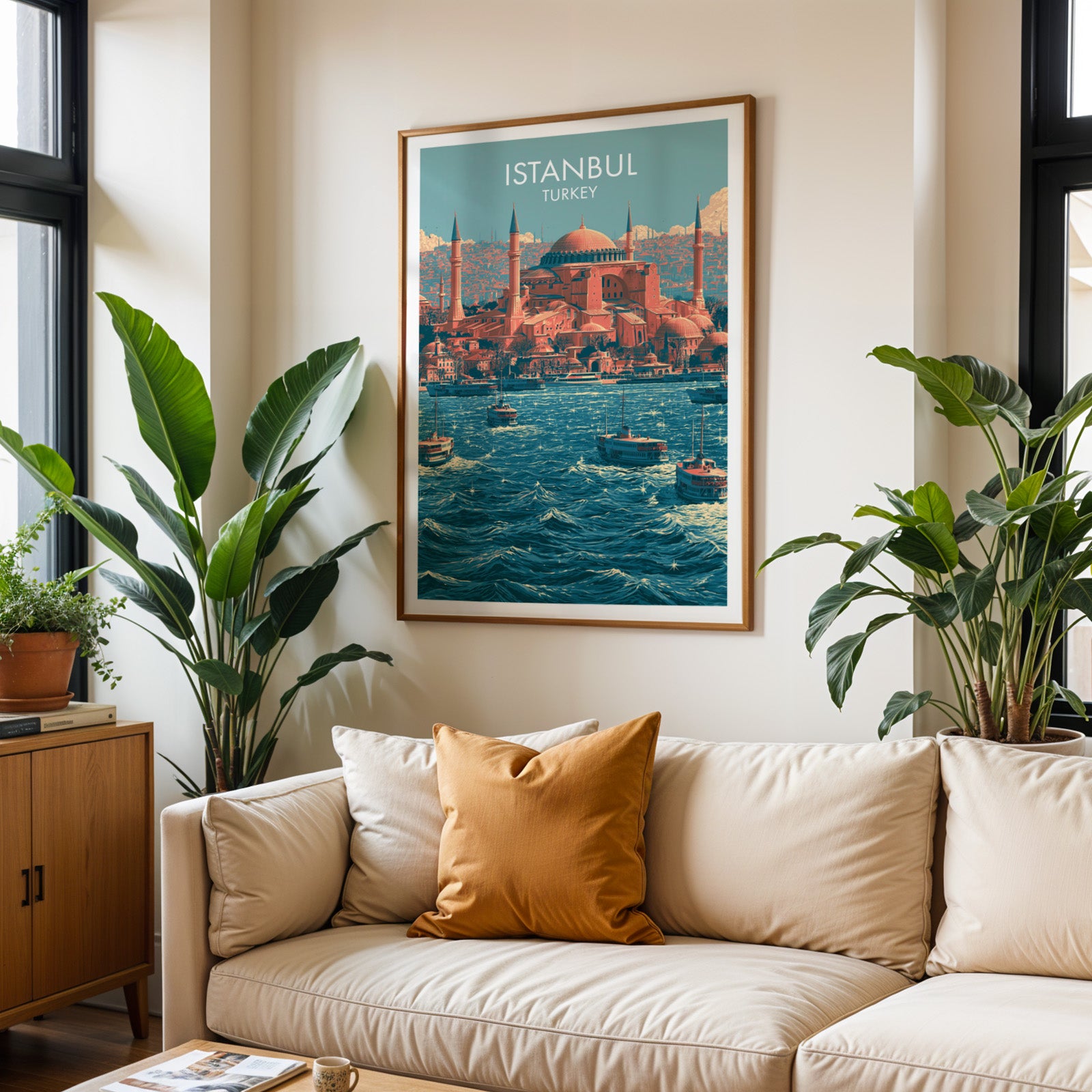 Framed Hagia Sophia Istanbul Turkey wall art hanging above a cream sofa in a bright living room with tropical plants
