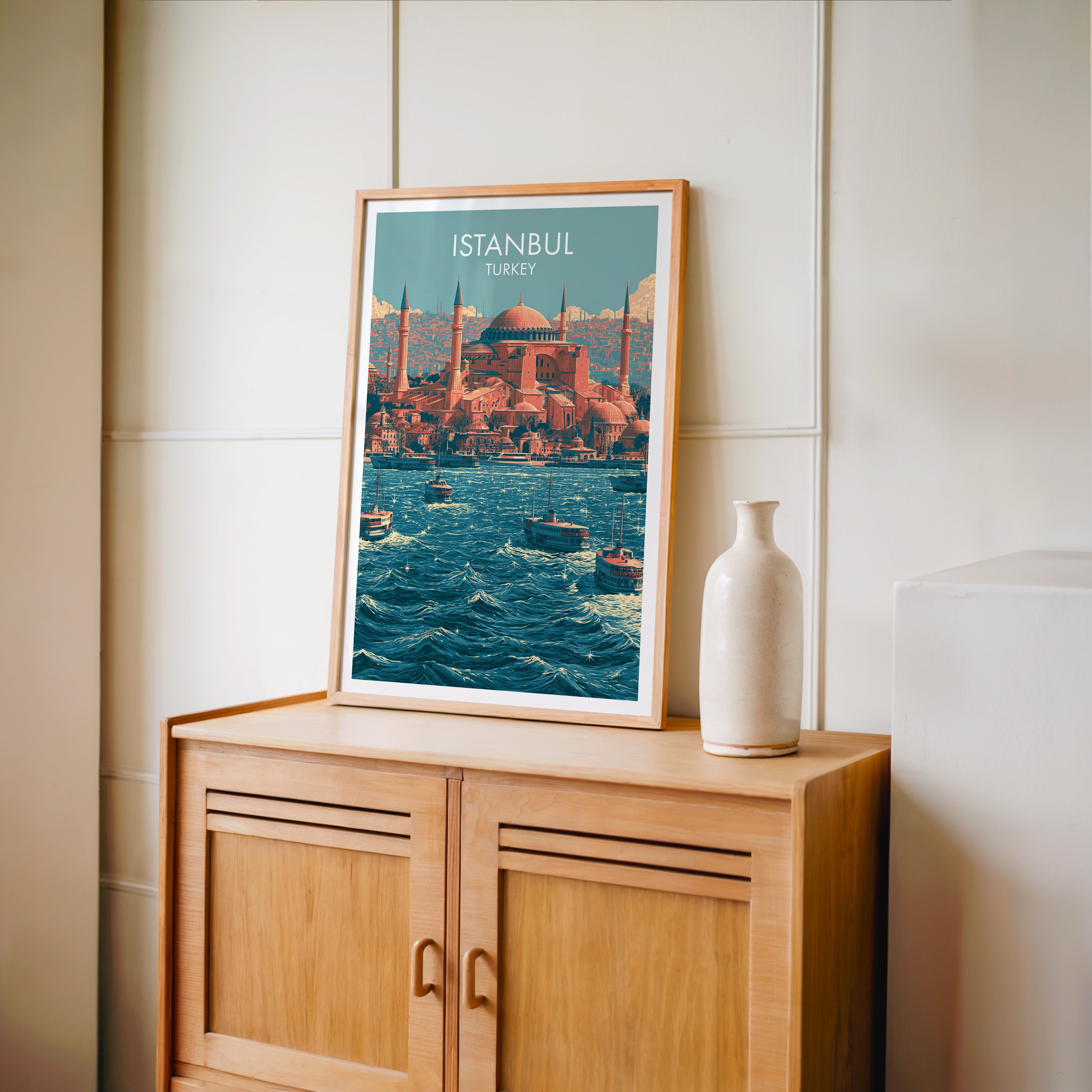 Small Hagia Sophia Istanbul Turkey travel poster in an oak frame on a mid-century sideboard with a ceramic vase