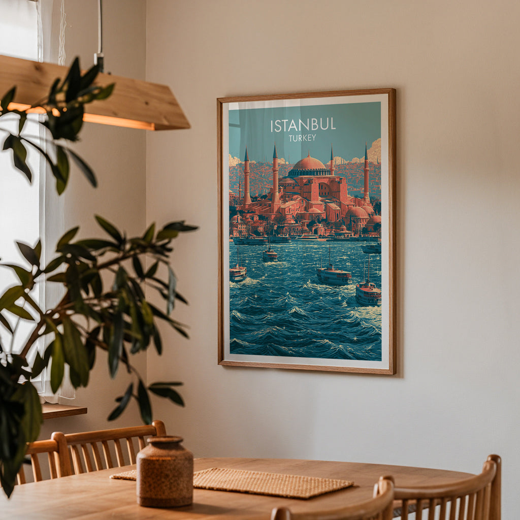 Framed Hagia Sophia Istanbul Turkey print on a dining room wall above an oak table in warm afternoon light
