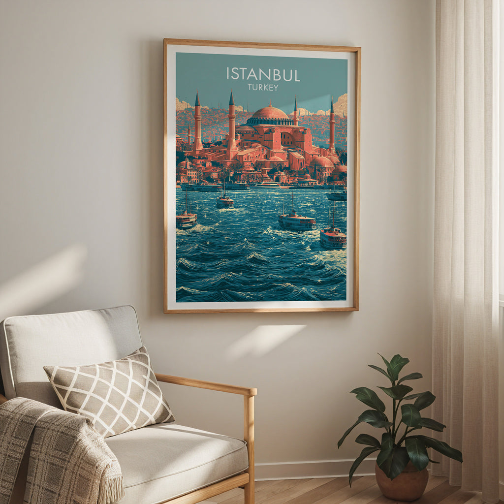 Hagia Sophia Istanbul Turkey travel print in a light oak frame on a living room wall beside a linen armchair