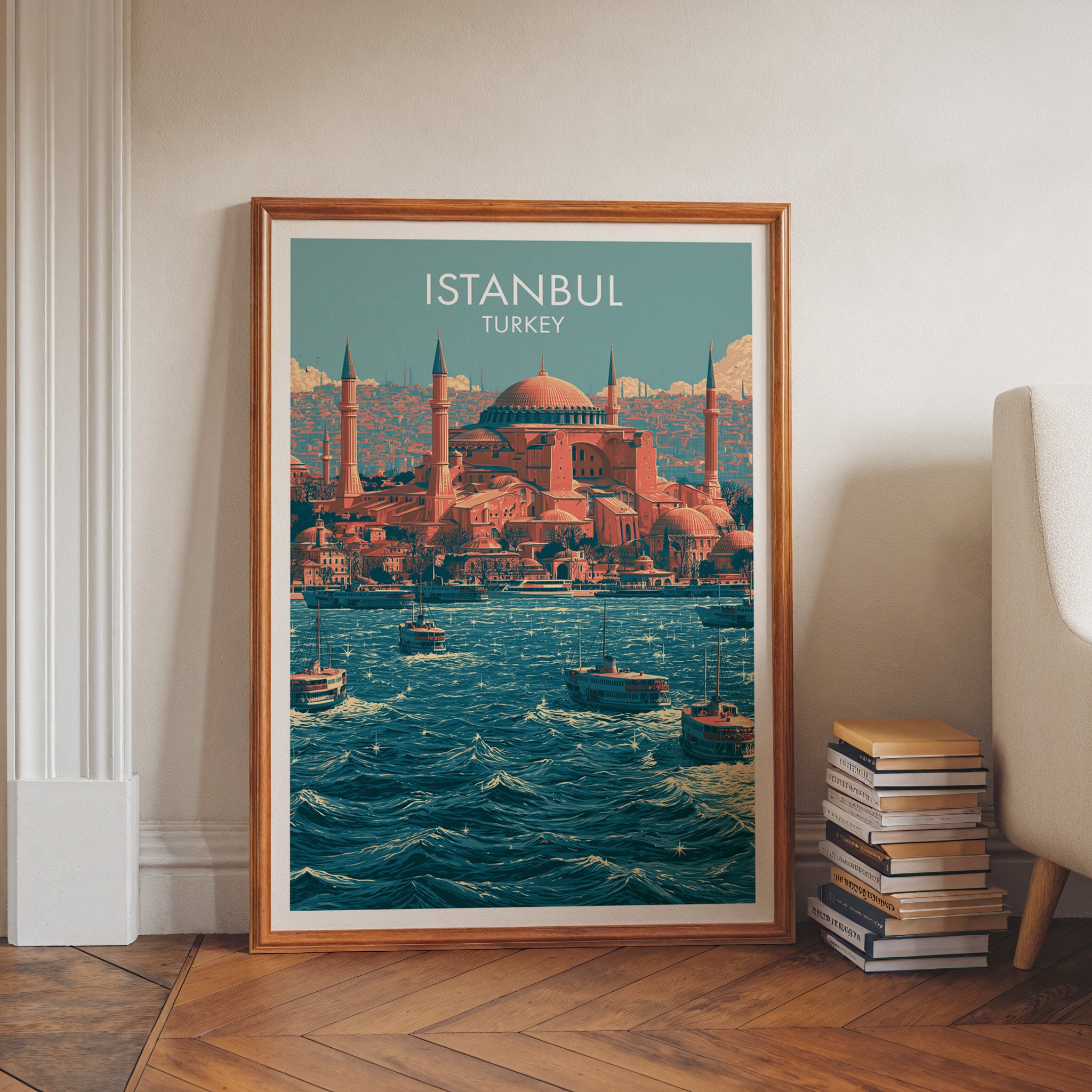 Hagia Sophia Istanbul Turkey art print in a walnut frame leaning in a hallway beside stacked books