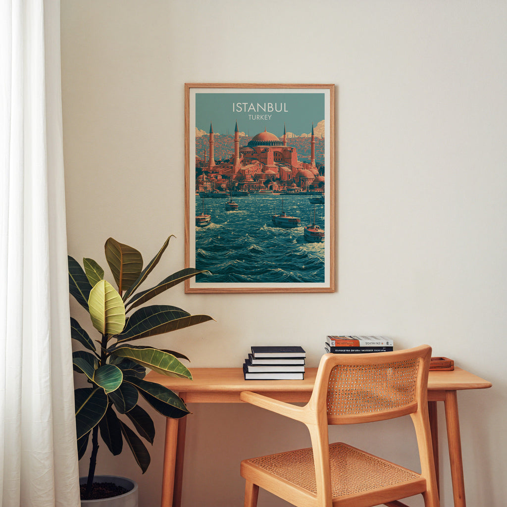 Hagia Sophia Istanbul Turkey wall art above a wooden home office desk with a rattan chair and books