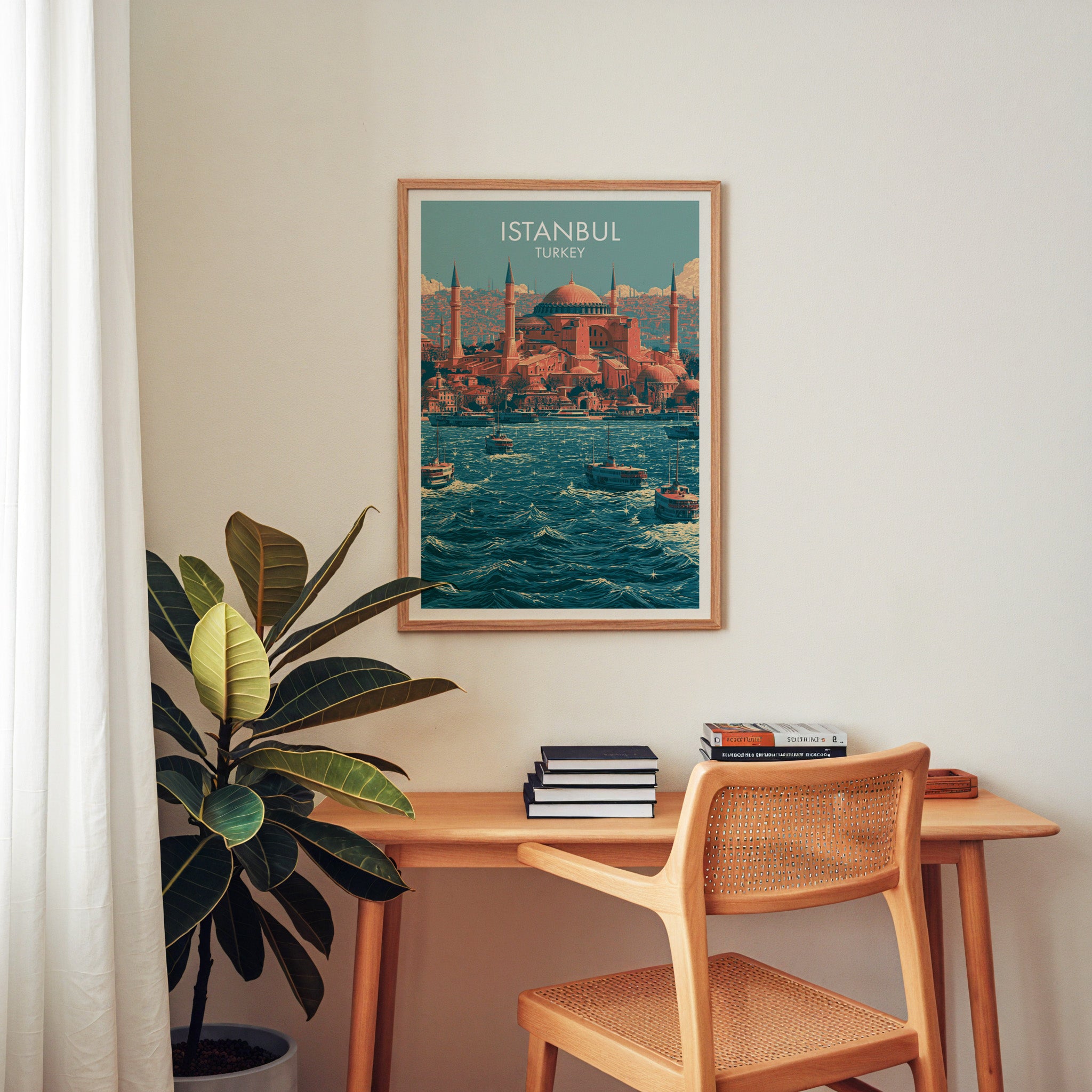 Hagia Sophia Istanbul Turkey wall art above a wooden home office desk with a rattan chair and books