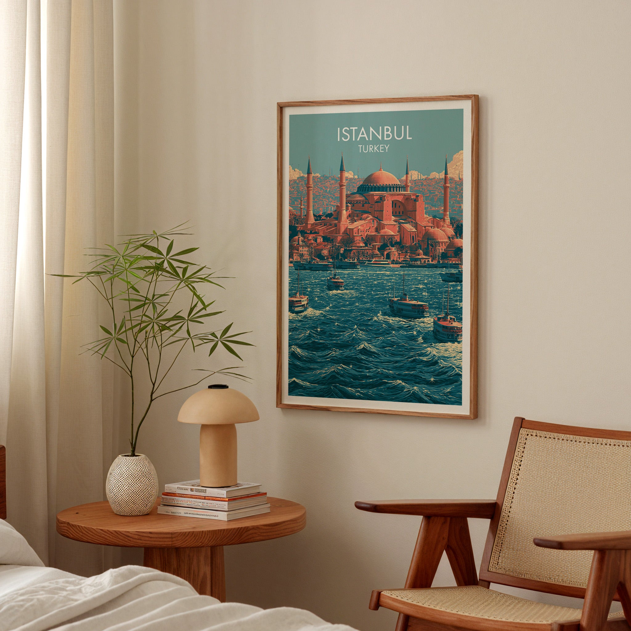 Hagia Sophia Istanbul Turkey poster above a bedroom nightstand with a bamboo plant and mushroom lamp