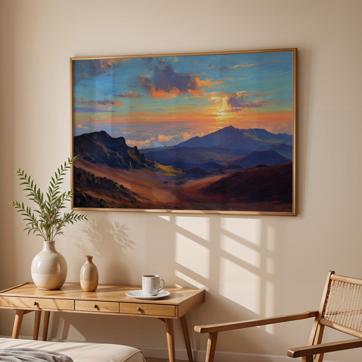 Haleakala National Park canvas print in a dark walnut frame above a cream sofa