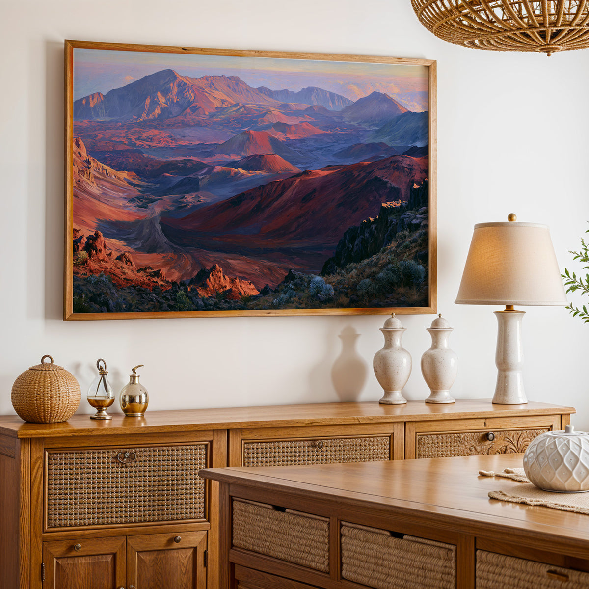 Haleakala National Park classical oil painting above an oak and rattan sideboard