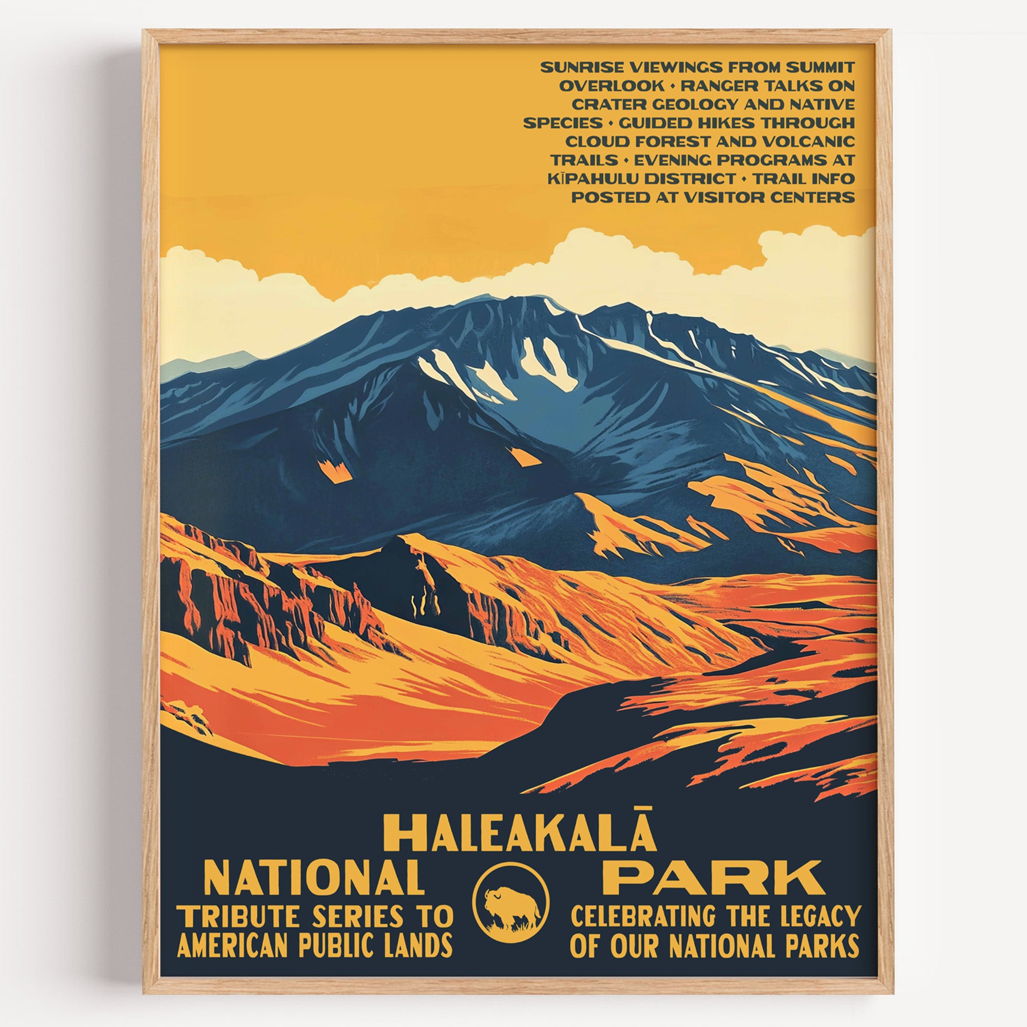 Haleakalā National Park wall art print in a thin wood frame, the volcanic summit ridge above the crater at sunrise