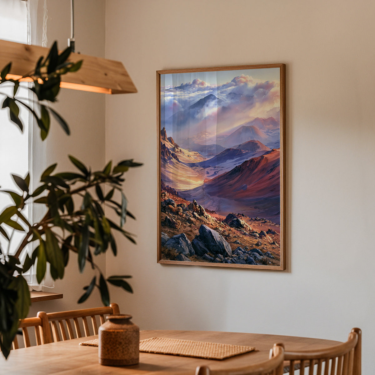 Haleakala National Park watercolor print in an oak frame on a dining room wall above a wooden table