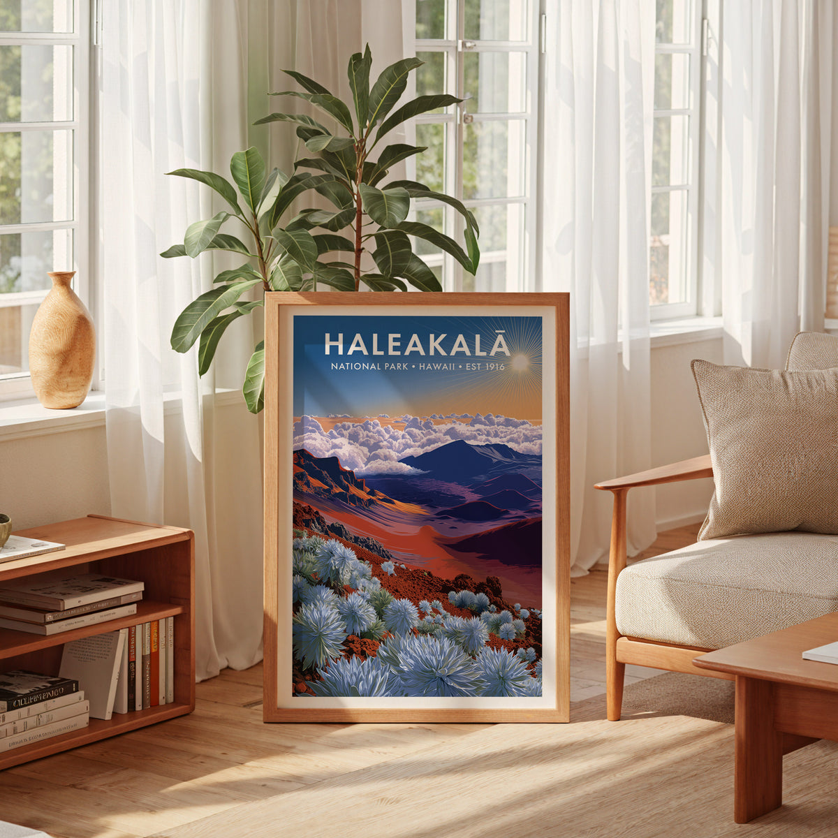 Haleakalā National Park mid-century modern art print leaning in a sun-filled living room beside an armchair — living room wall art