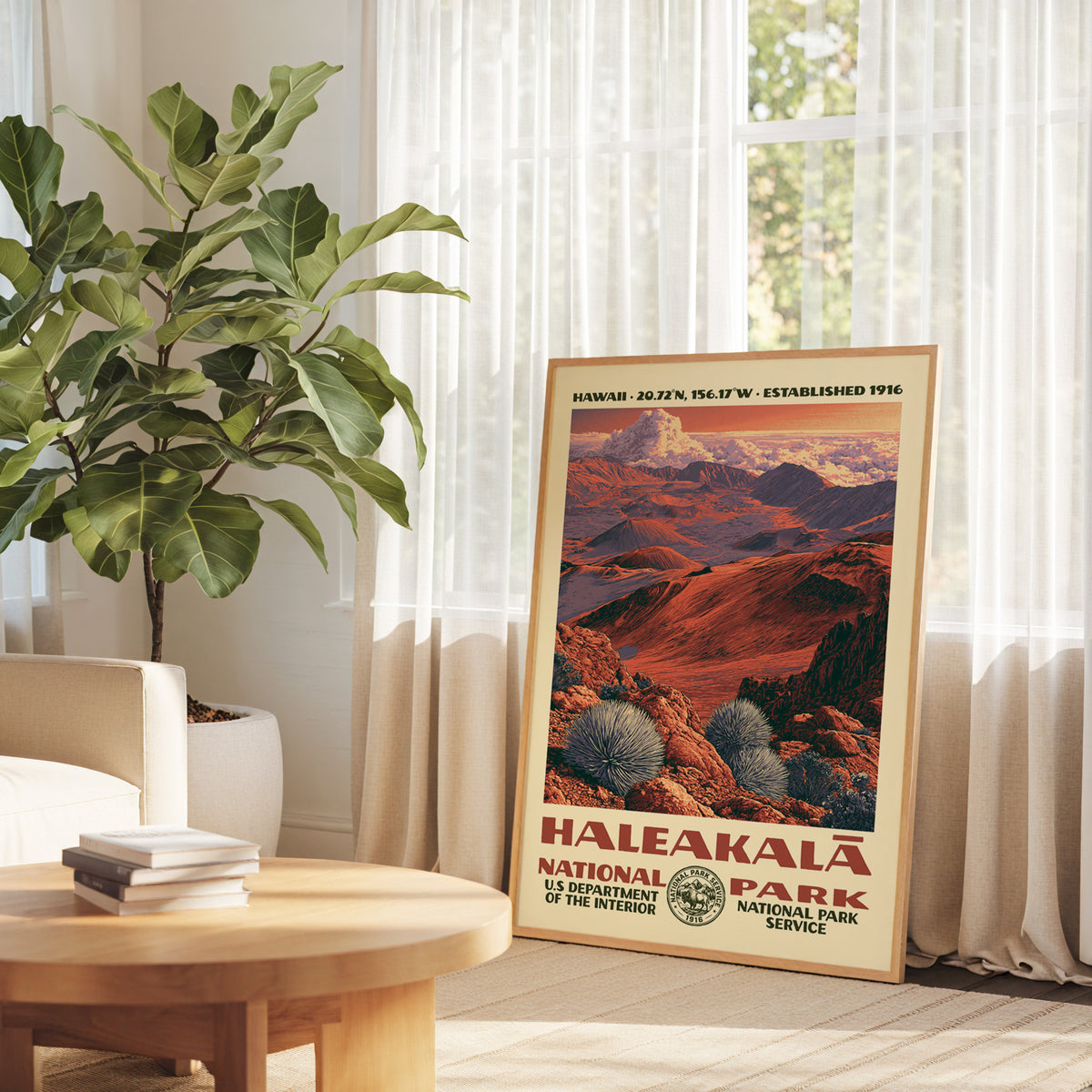 Haleakalā National Park retro art print propped on a round wood table by a bright window