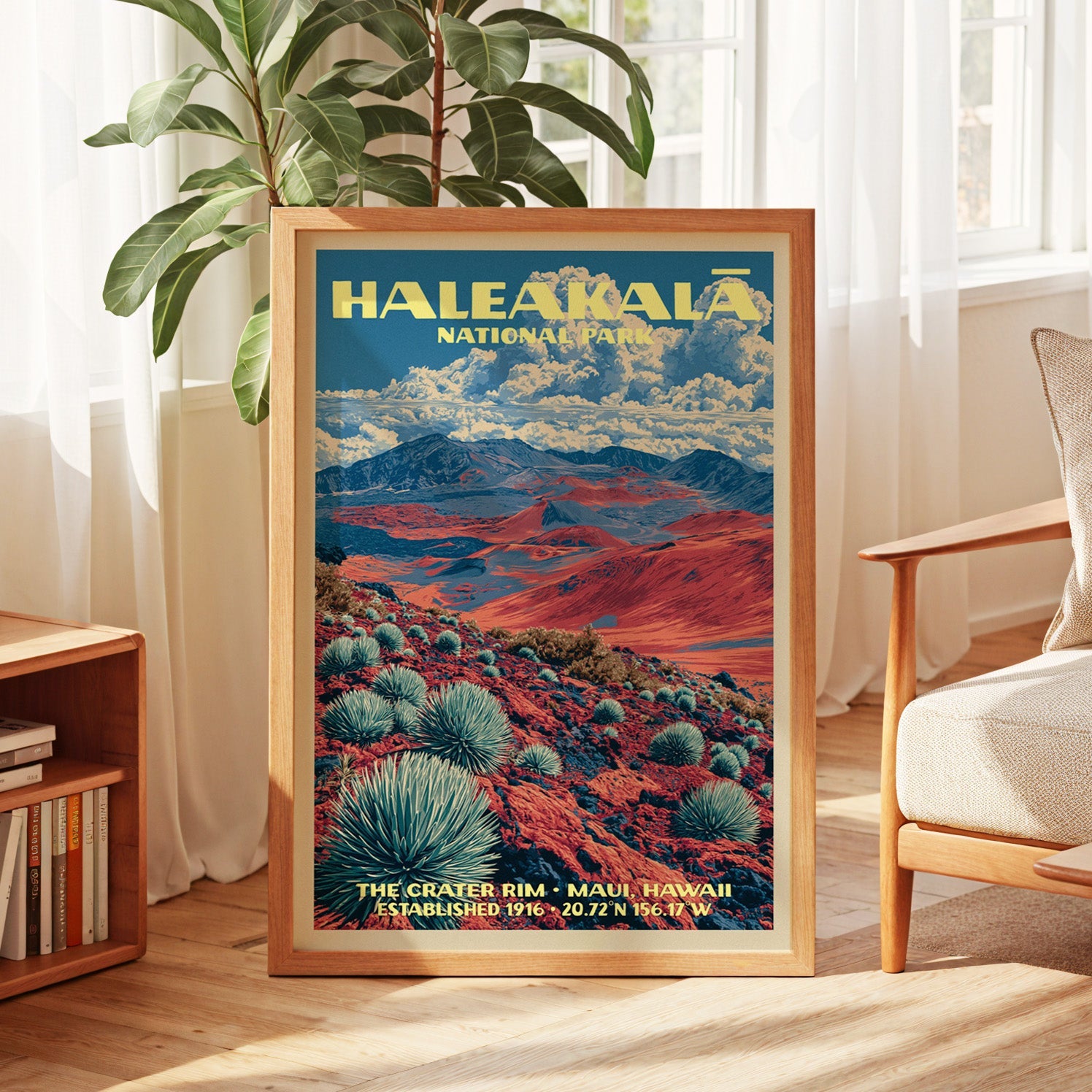 Haleakalā crater poster in oak, leaning by a sunlit window with sheer curtains and a low bookshelf