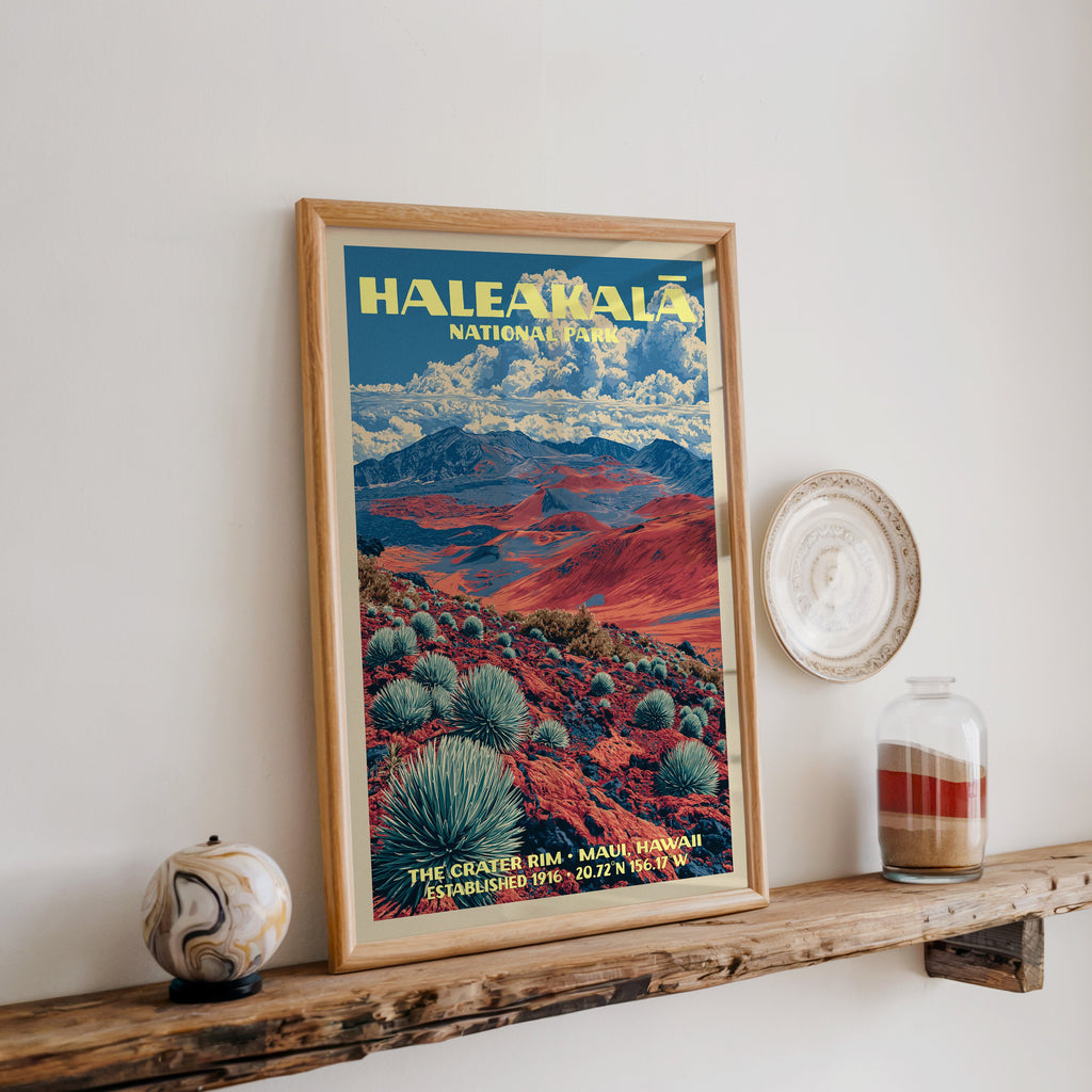 Haleakalā print in oak, leaning on a reclaimed wood ledge with a marbled stone sphere and a layered sand jar