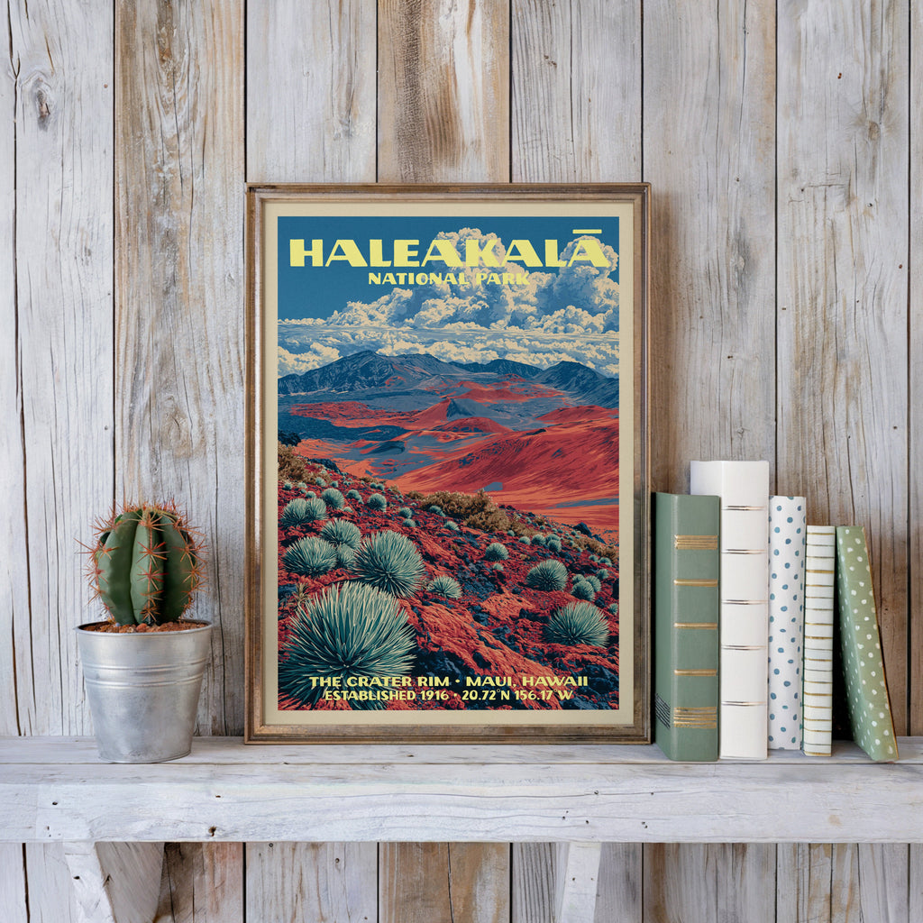 Crater Rim poster in a slim gold frame on a whitewashed plank wall beside a tin-potted cactus and pastel books
