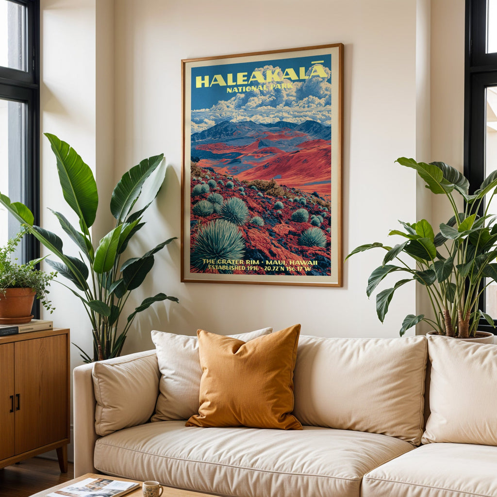 Haleakalā vintage travel print in oak above a cream sofa with a rust cushion and tall tropical plants