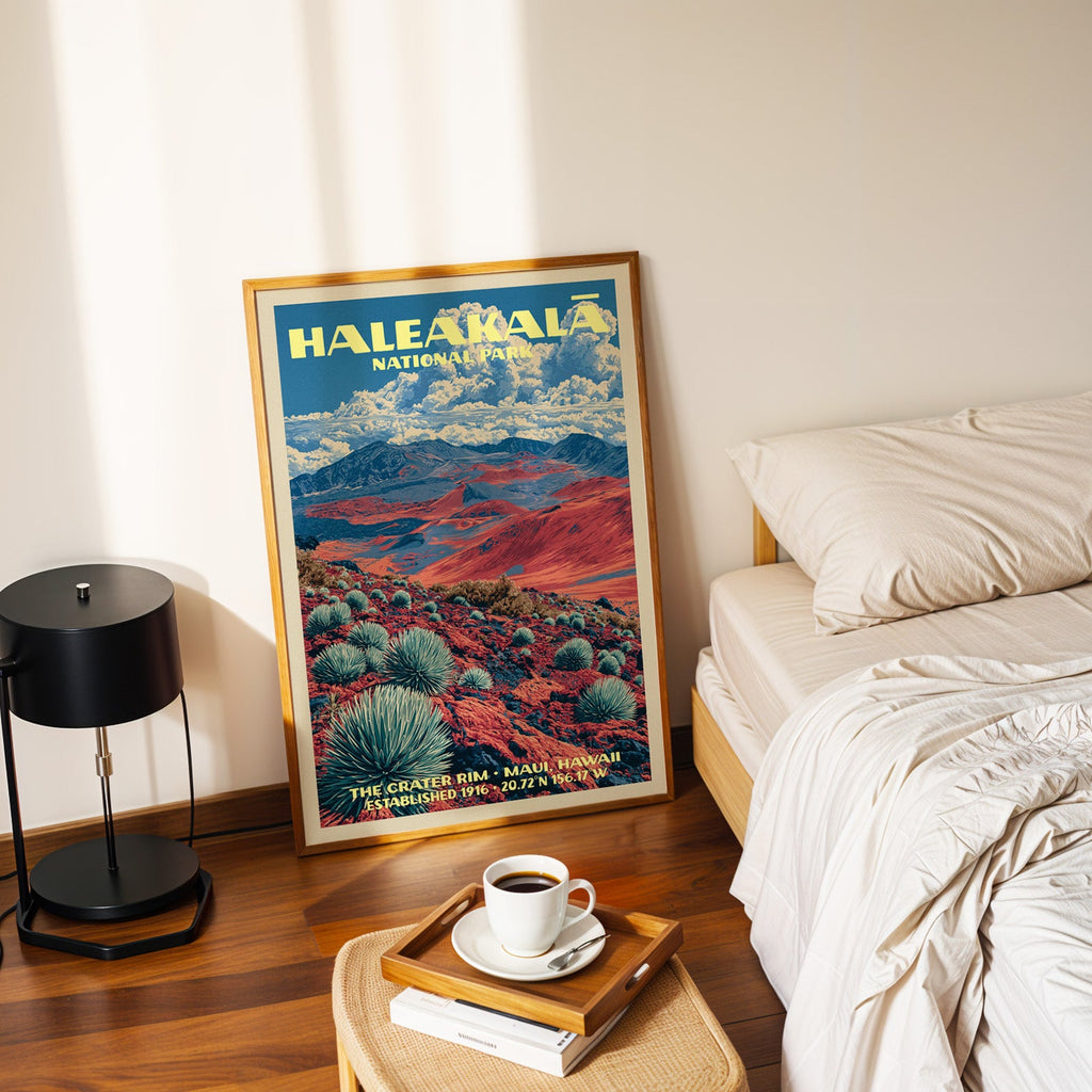 Crater Rim Maui poster in a gold frame on the bedroom floor beside a made bed and a black table lamp