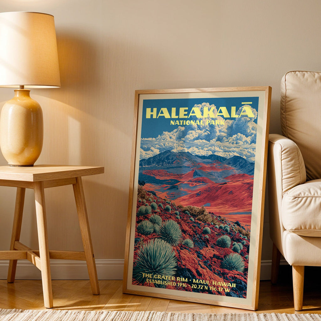 Maui volcano wall art in oak, leaning by a cream armchair and a side table with an ochre ceramic lamp